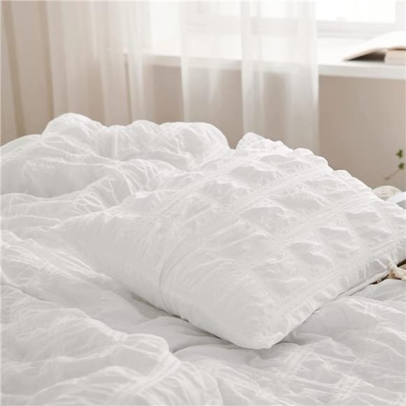Popxstar Kawaii Seersucker Bedding Set For Girls Princess Bow Ruffle Lace Bed Skirt Skin-Friendly Solid Color Duvet Cover Sets Queen King